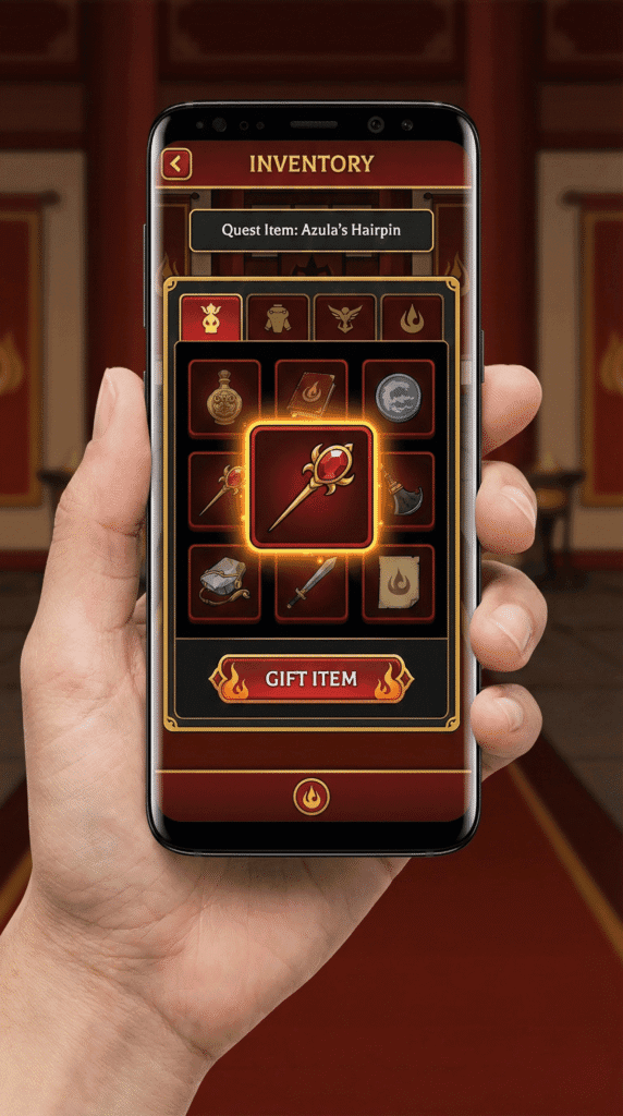 Book 2 (Fire) Walkthrough: Azula & The Shop Mini-Game 3 Mobile inventory screen showing the Golden Hairpin quest item.