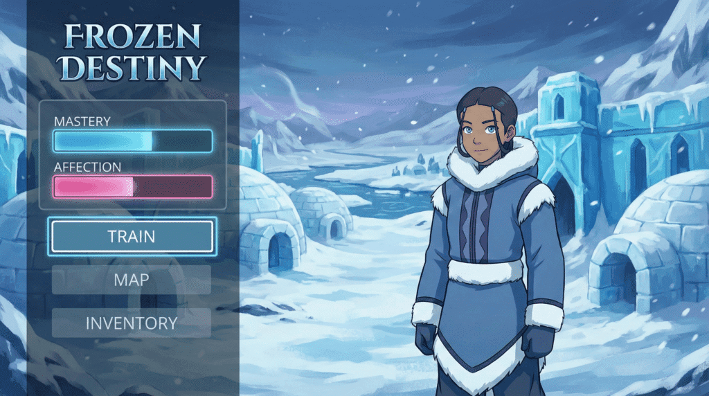 book-1-water-katara-stats-guide Four Elements Trainer Book 1 gameplay showing Water mastery and affection stats.