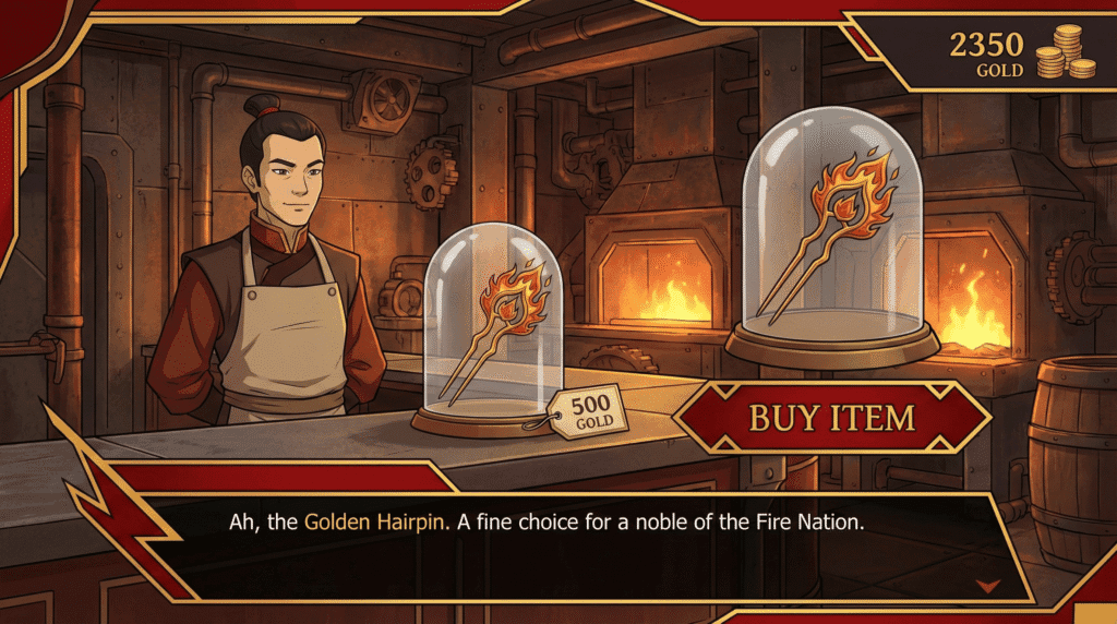 book-2-fire-shop-money-guide The shop mini-game interface in Book 2 showing the Hairpin item.