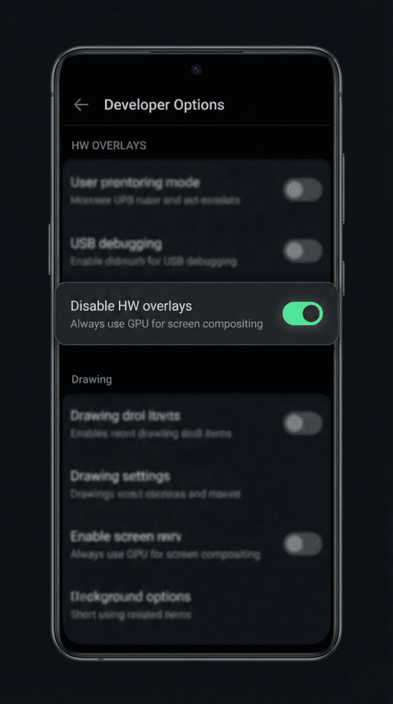 Fix Pink Screen Glitch in Four Elements Trainer (Android 12/13/14) 3 The "Disable HW Overlays" toggle switch in Android Developer Options.