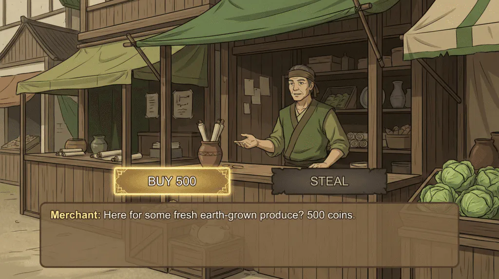 Dialogue choices to buy or steal the obsidian from the merchant.