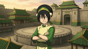 Toph Beifong standing in the Earth Kingdom arena in Four Elements Trainer.