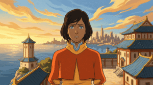 Korra standing on Air Temple Island in Four Elements Trainer Book 4.