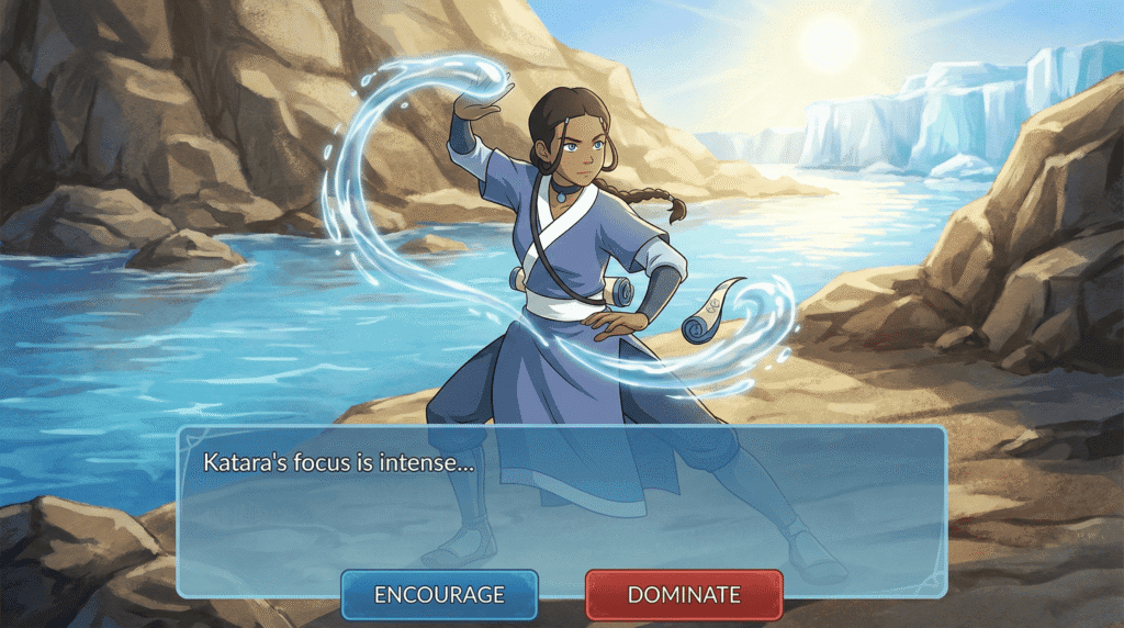 Katara training at the river with dialogue choices displayed.