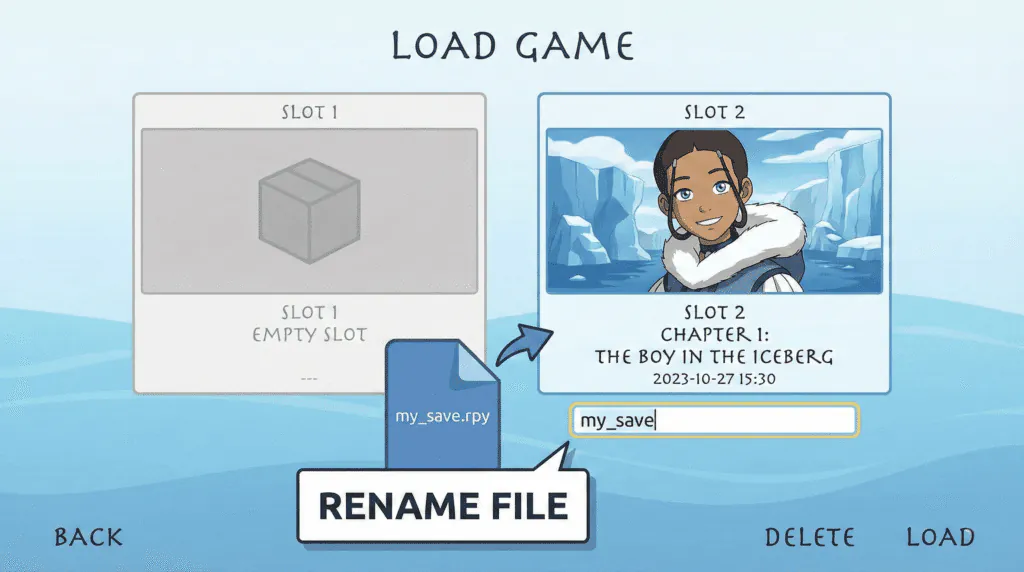 Save File Location: How to Transfer Saves on Android 11+ 3 Diagram showing how to rename a downloaded file to overwrite an existing save slot.