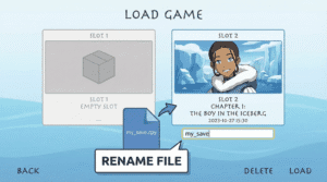 Diagram showing how to rename a downloaded file to overwrite an existing save slot.