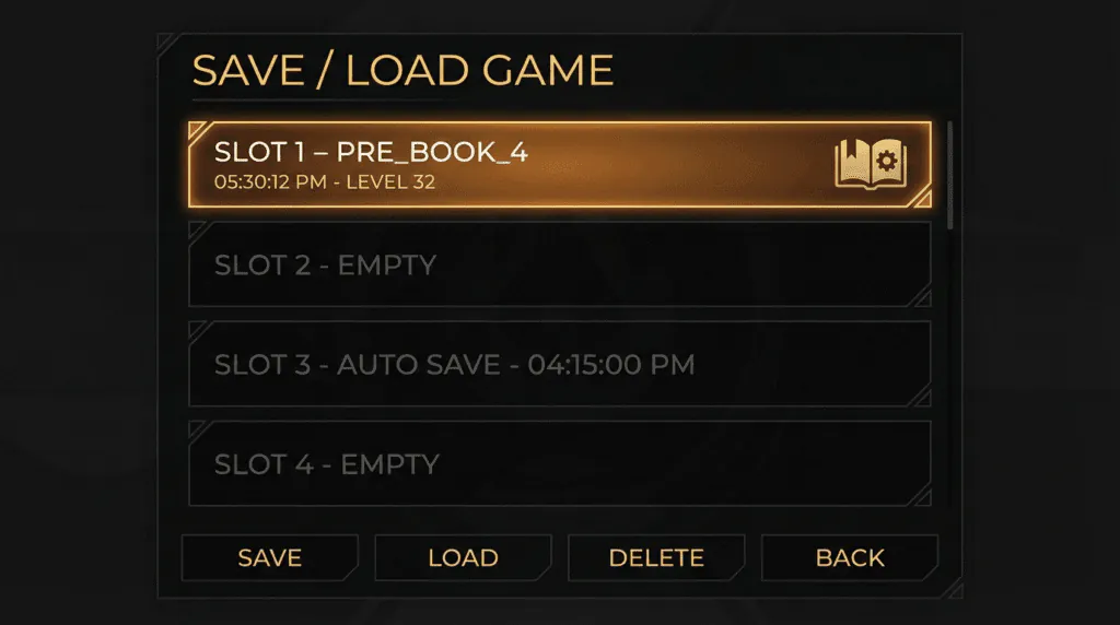 Save menu showing a manual backup named Pre-Book 4.